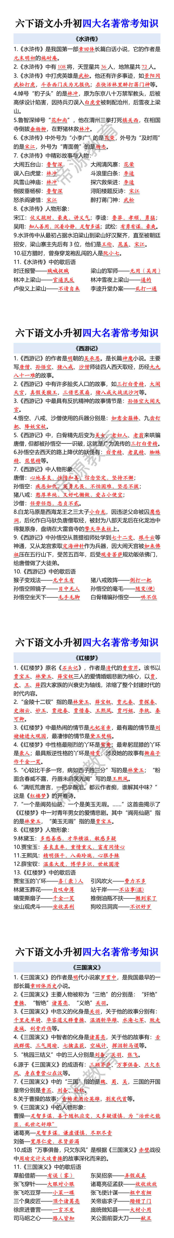 六下语文小升初四大名著常考知识