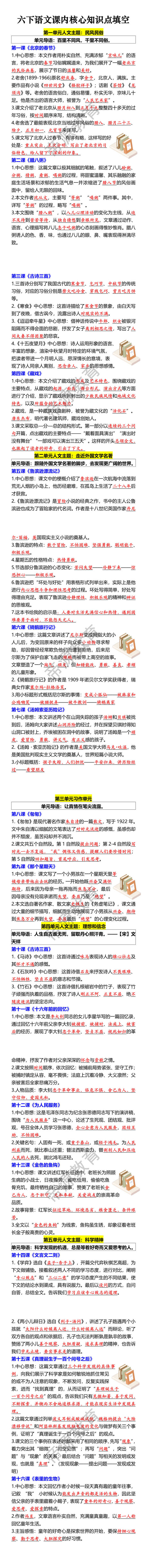 六下语文课内核心知识点填空
