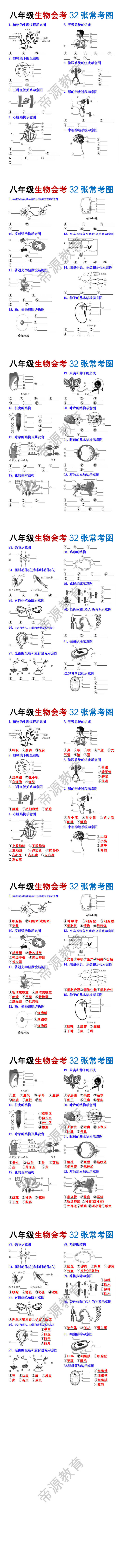 八年级生物会考32张常考图