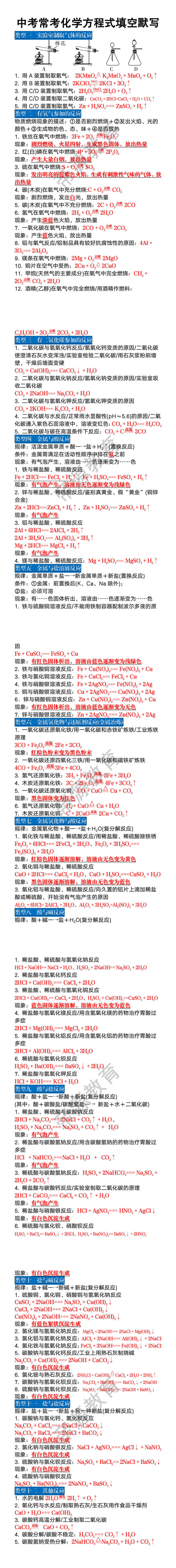 中考常考化学方程式填空默写