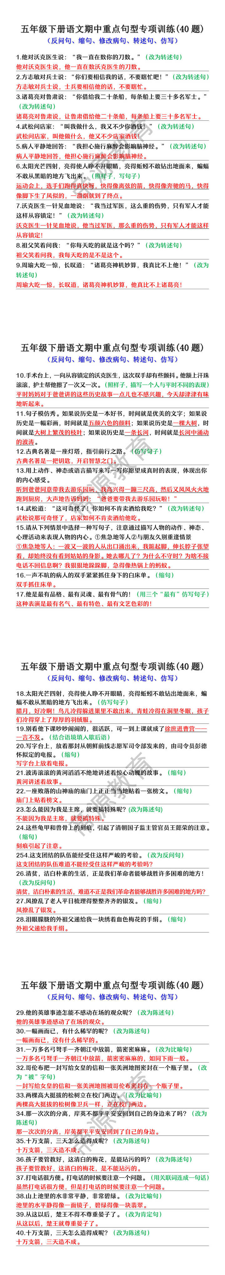 五年级下册语文期中重点句型专项训练(40题)