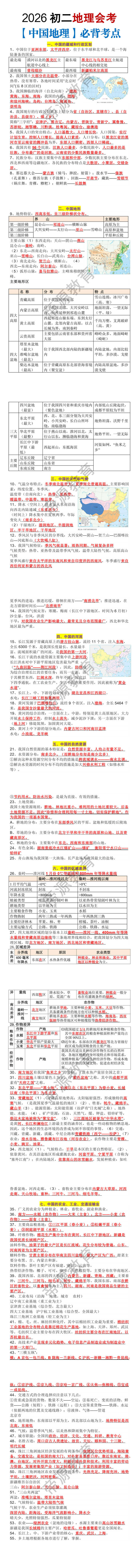 2026初二地理会考【中国地理】必背考点