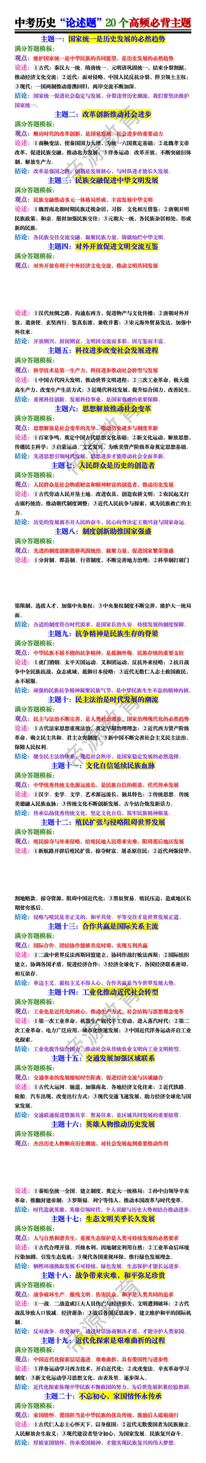 中考历史“论述题”20个高频必背主题