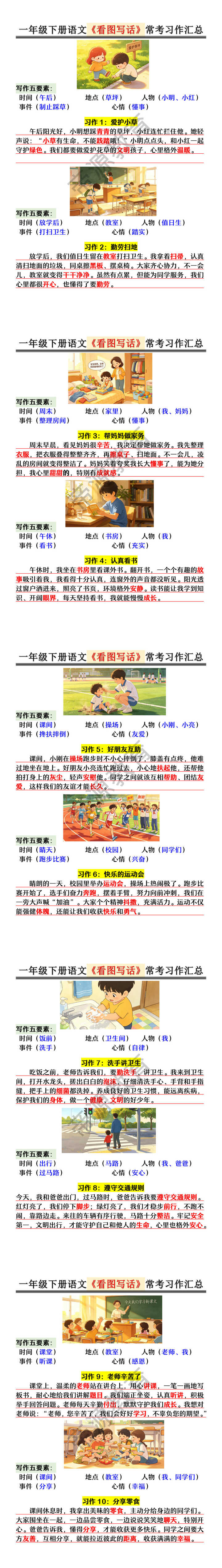 一年级下册语文《看图写话》常考习作汇总
