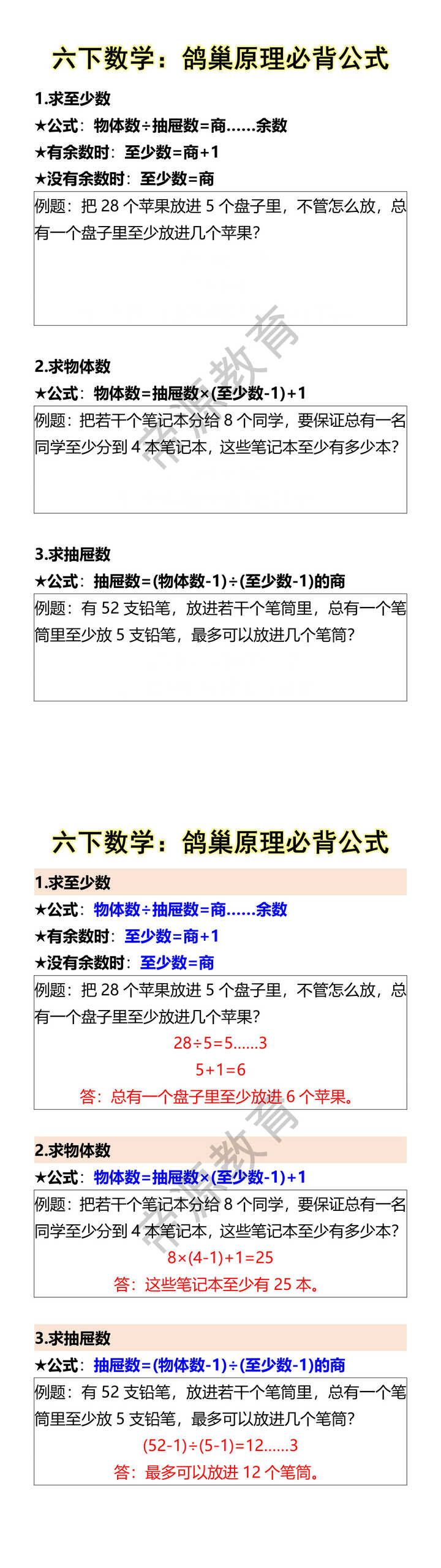 六下数学：鸽巢原理必背公式