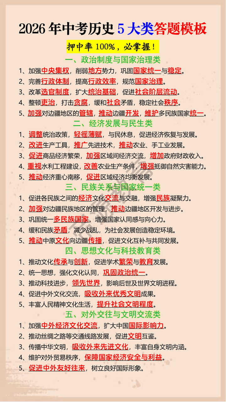 2026年中考历史5大类答题模板
