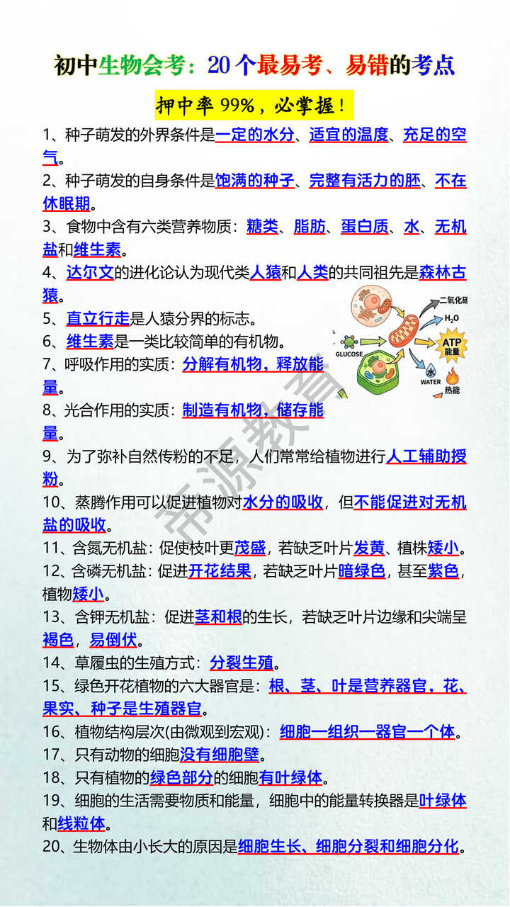 初中生物会考：20个最易考、易错的考点
