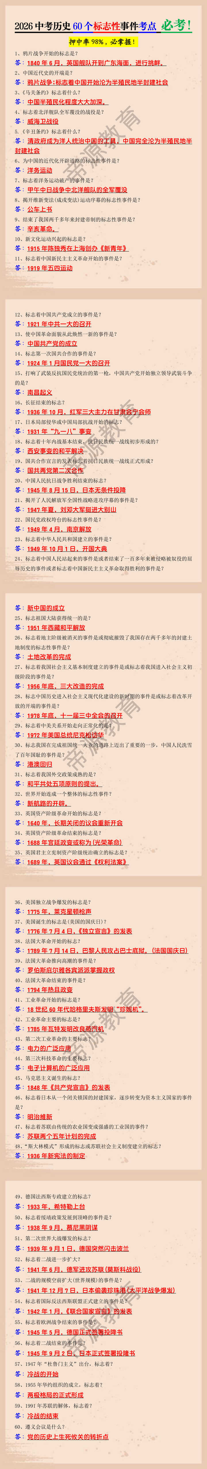 2026中考历史60个标志性事件考点 必考