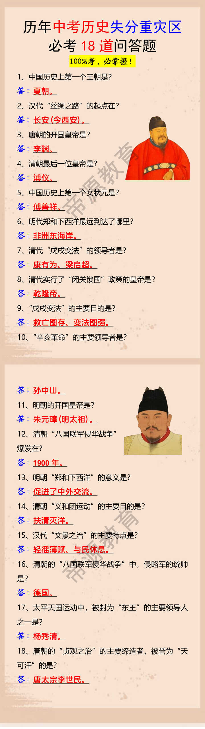 历年中考历史失分重灾区必考18道问答题