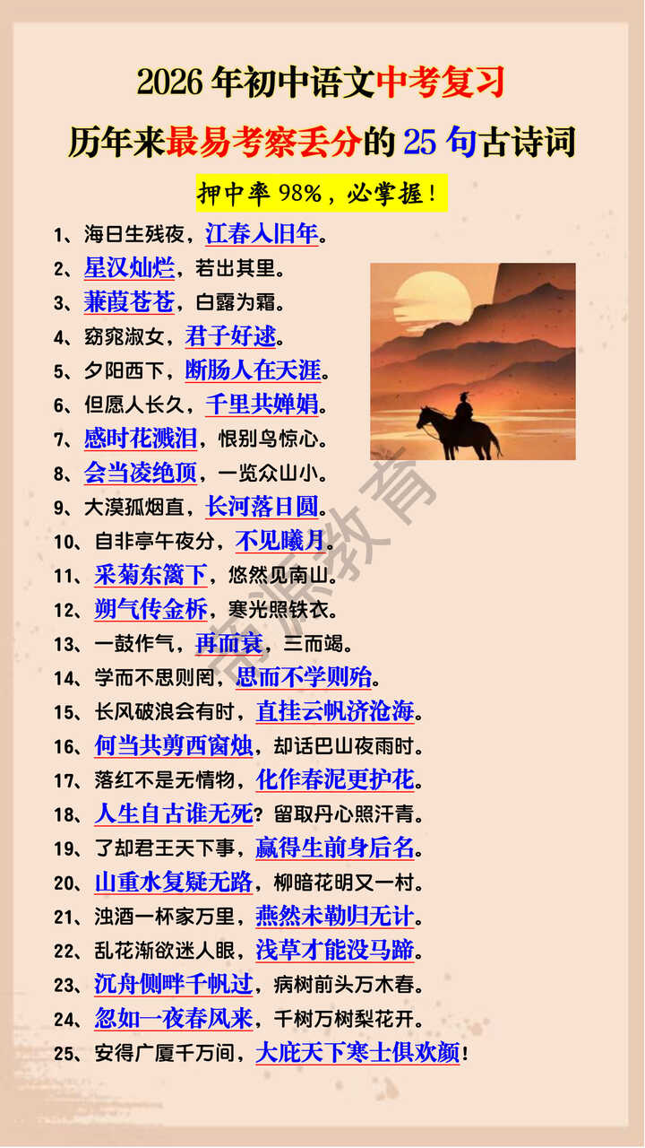 2026年初中语文中考复习历年来最易考察丢分的25句古诗词