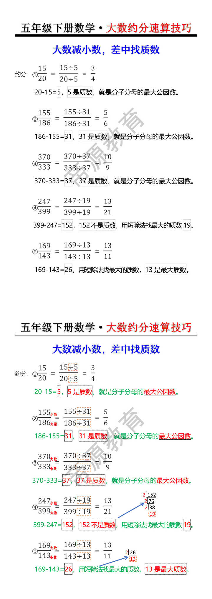 五年级下册数学大数约分速算技巧