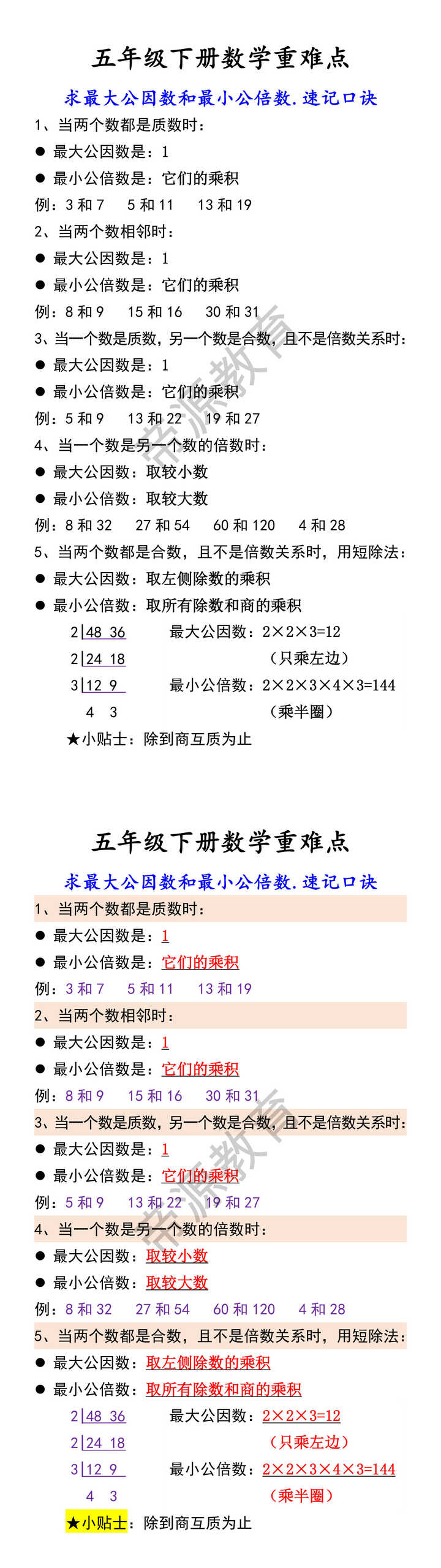 五年级下册数学重难点 求最大公因数和最小公倍数.速记口诀