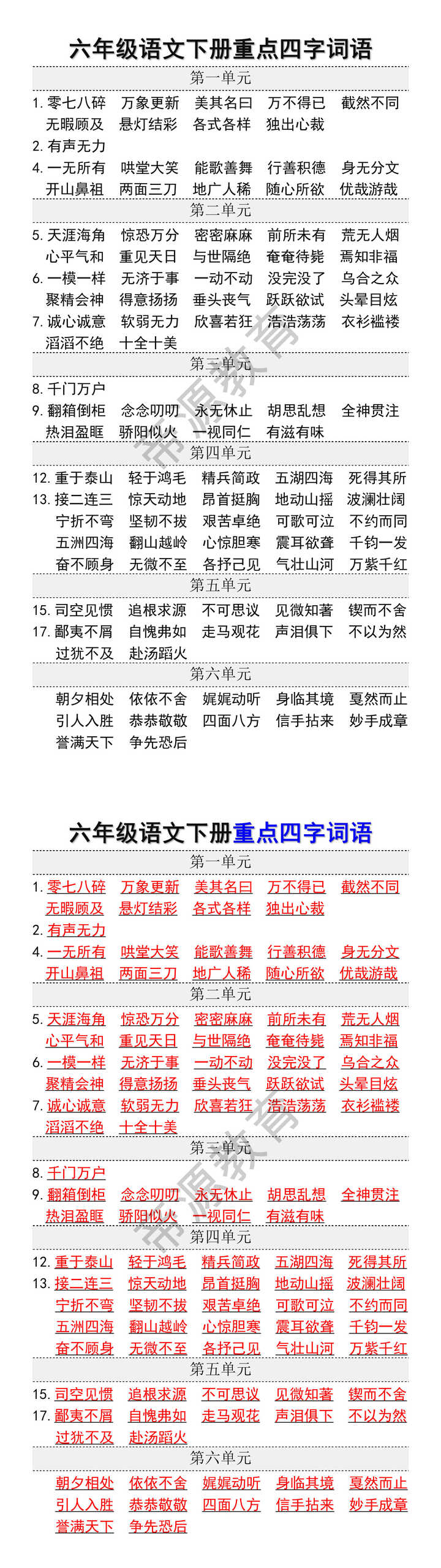 六年级语文下册重点四字词语