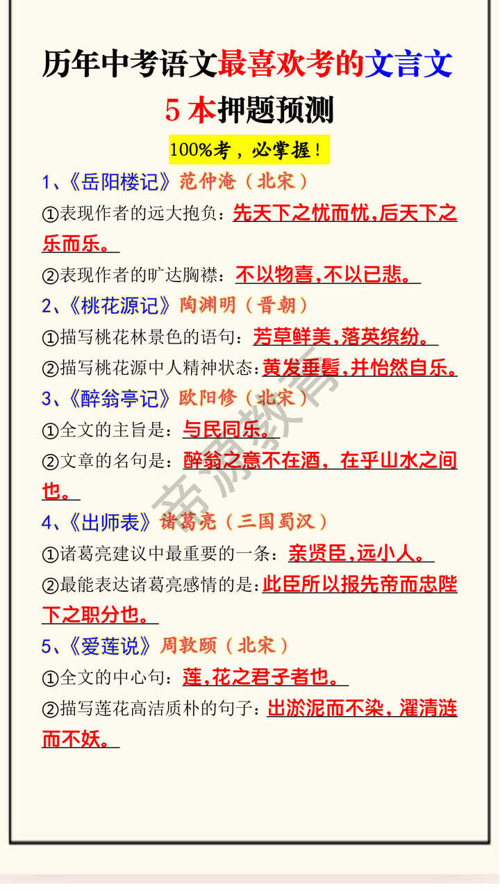 历年中考语文最喜欢考的文言文5本押题预测