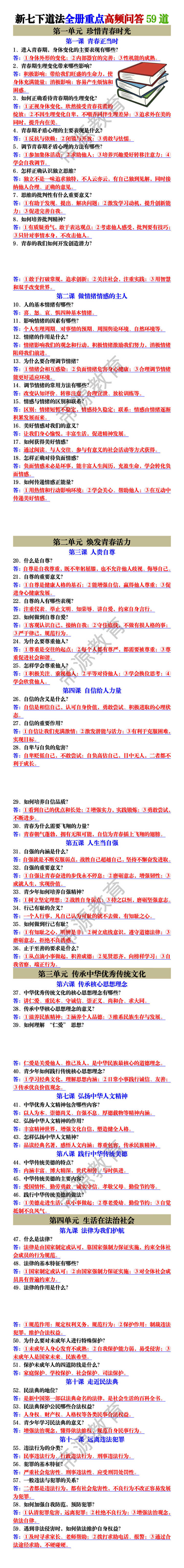 新七下道法全册重点高频问答59道 新七下道法全册重点高频问答59道
