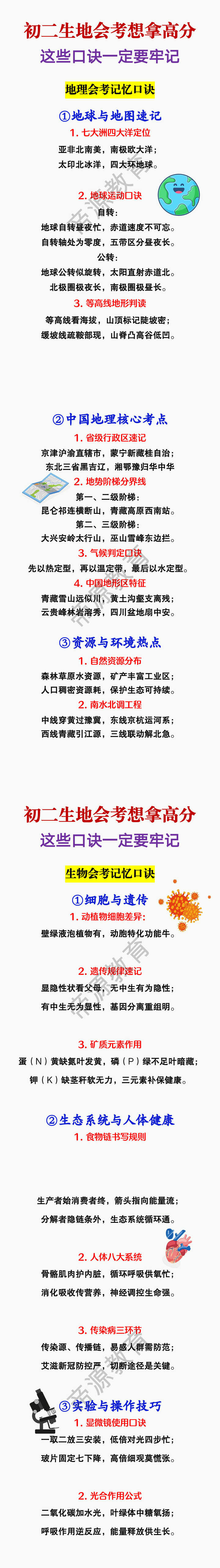 初中生物地理会考高频考点记忆口诀 初中生物地理会考高频考点记忆口诀