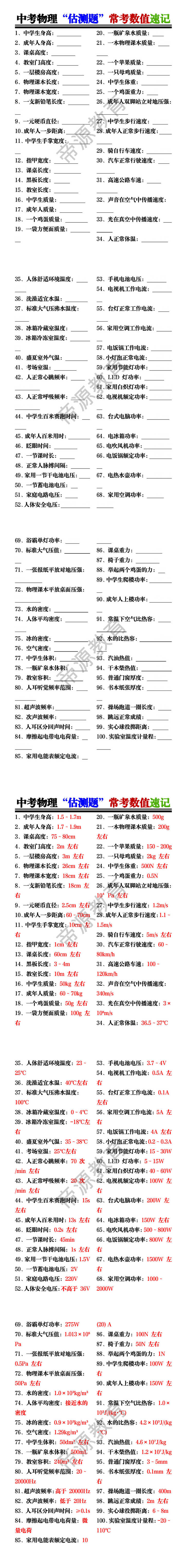中考物理“估测题”常考数值速记
