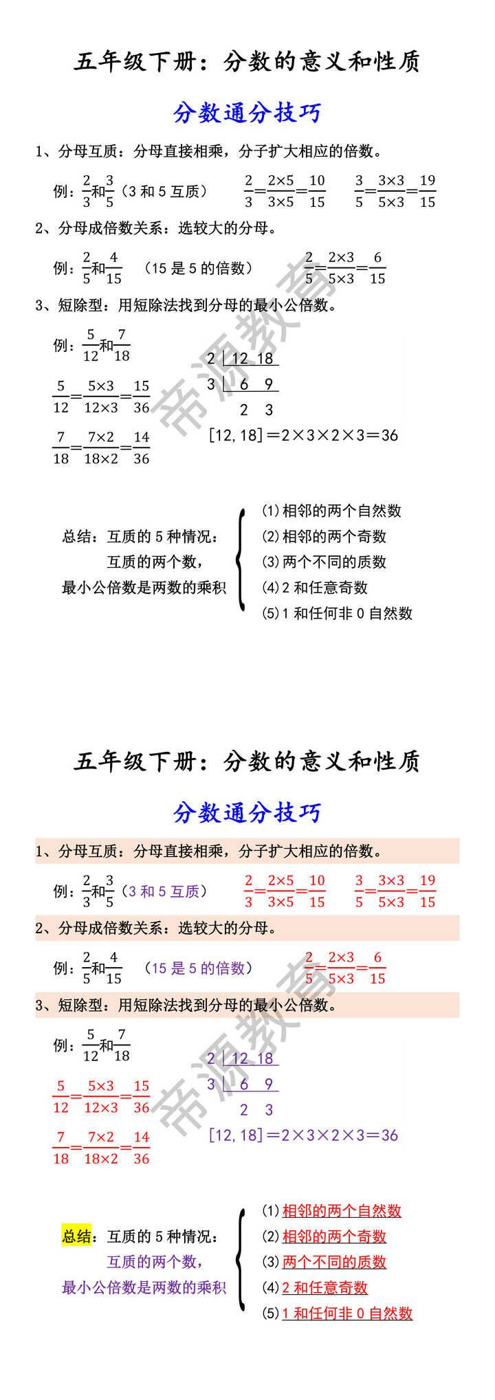 五年级下册：分数的意义和性质 分数通分技巧