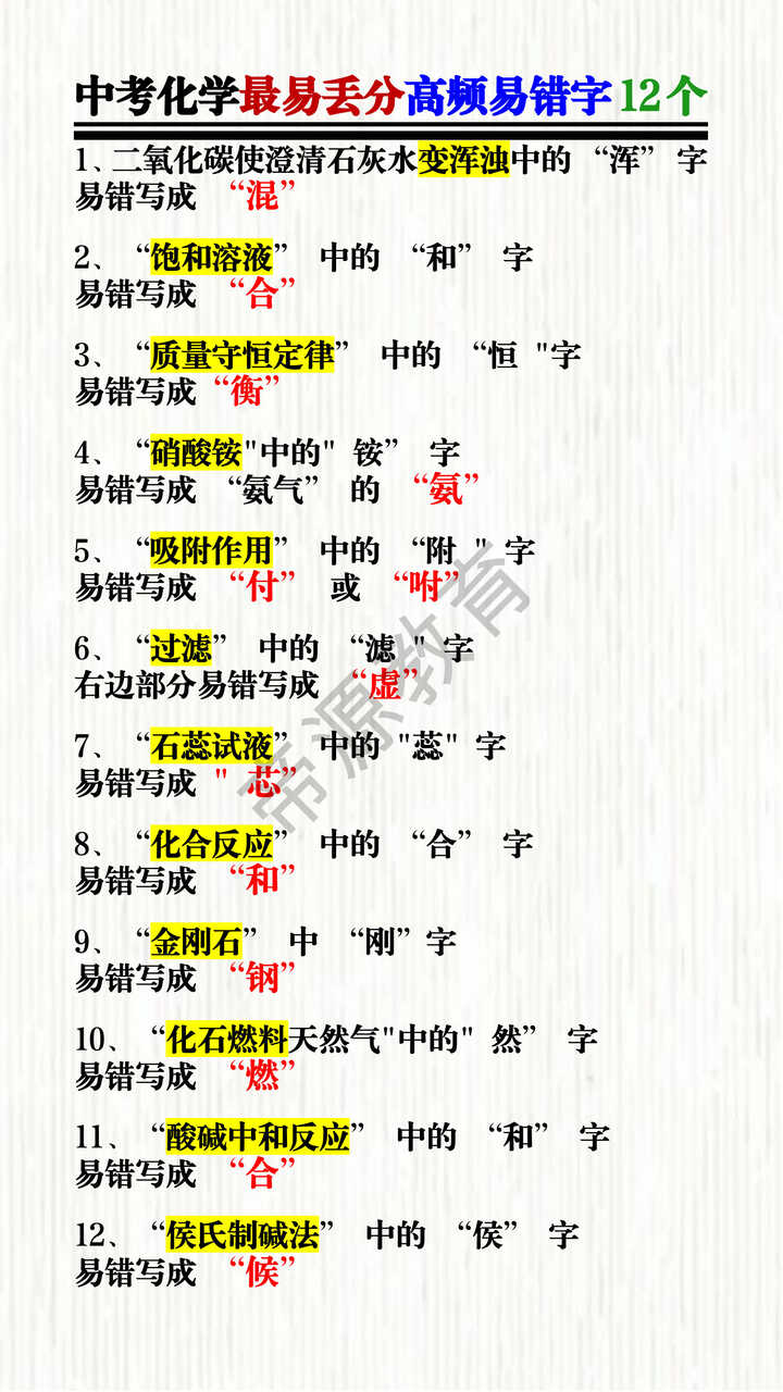 中考化学最易丢分高频易错字12个