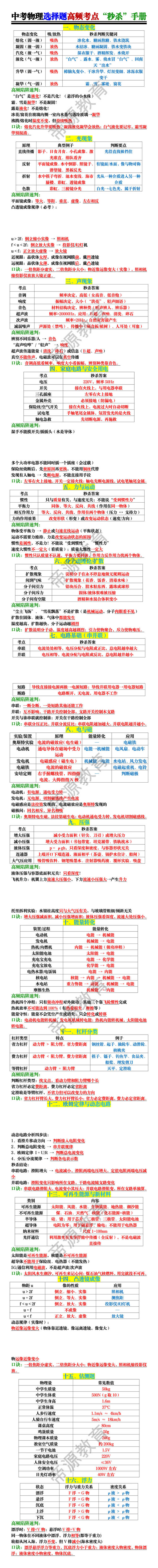 中考物理选择题高频考点“秒杀”手册