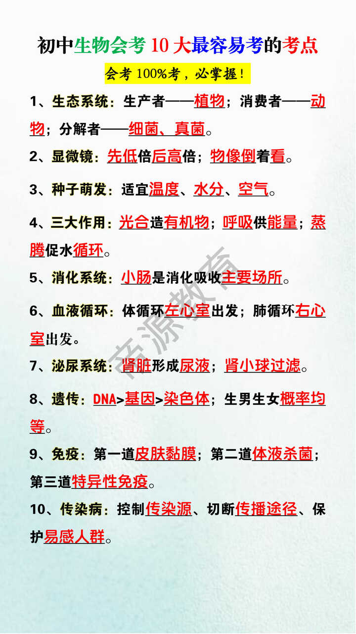 初中生物会考10大最容易考的考点