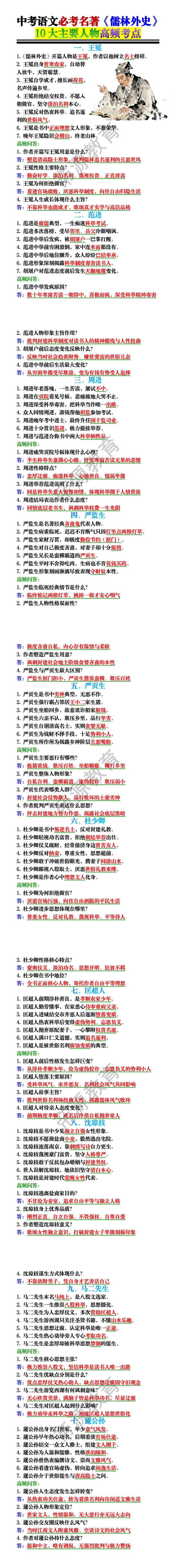 中考语文必考名著《儒林外史》10大主要人物高频考点