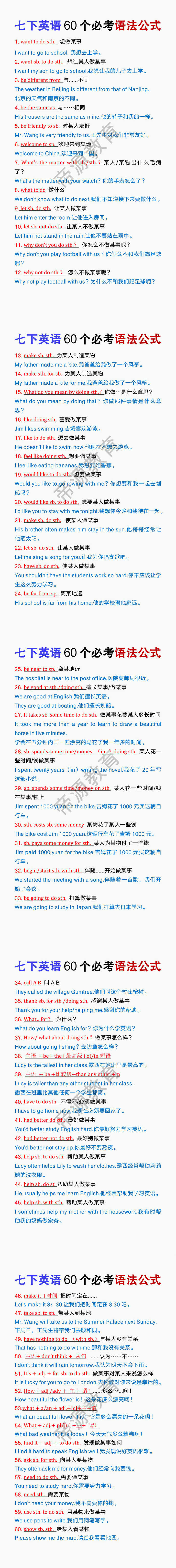 七年级下册英语60个必考语法公式