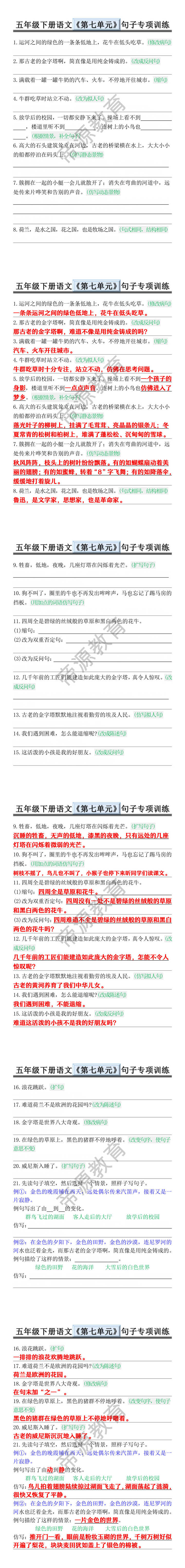 五年级下册语文《第七单元》句子专项训练