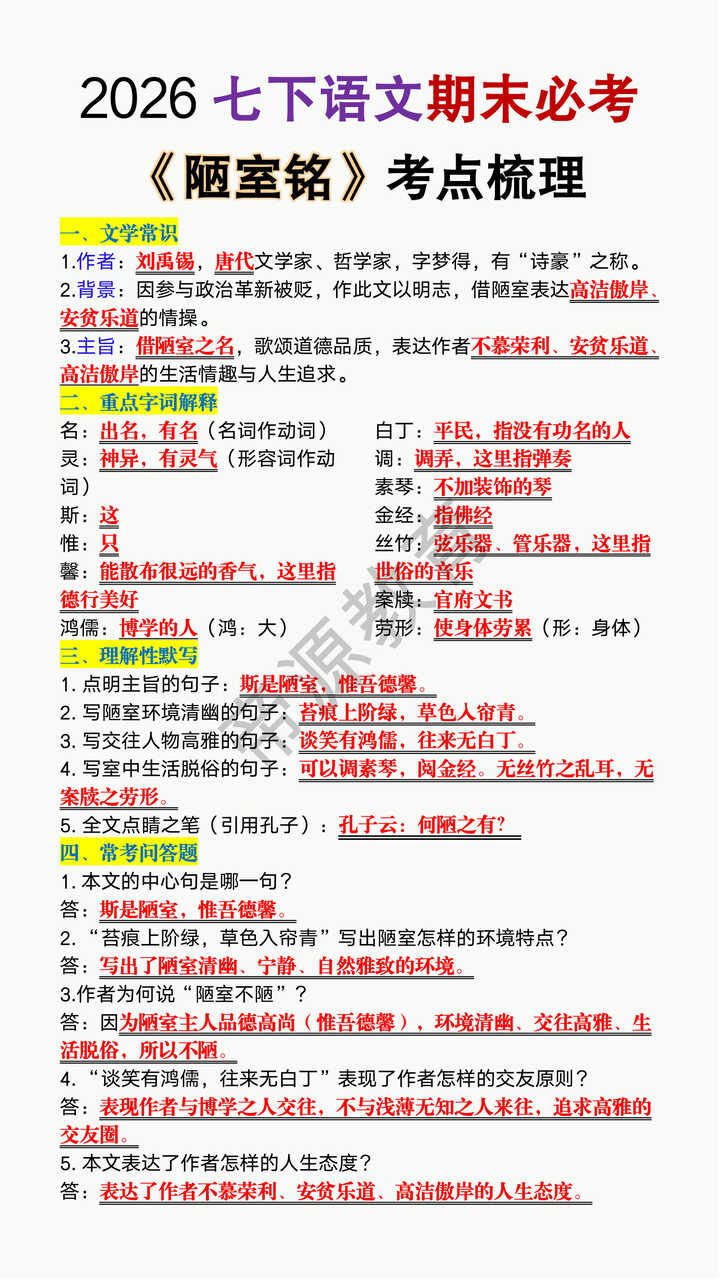 七年级下册语文期末必考《陋室铭》考点梳理 七年级下册语文期末必考《陋室铭》考点梳理