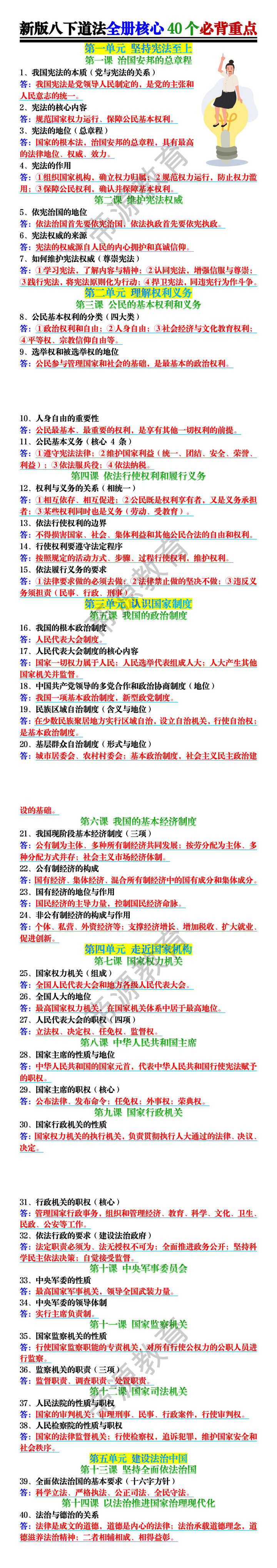 新版八下道法全册核心40个必背重点