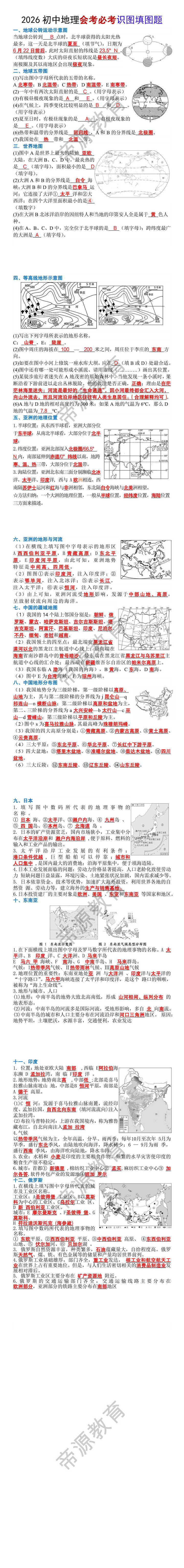 2026初中地理会考必考识图填图题