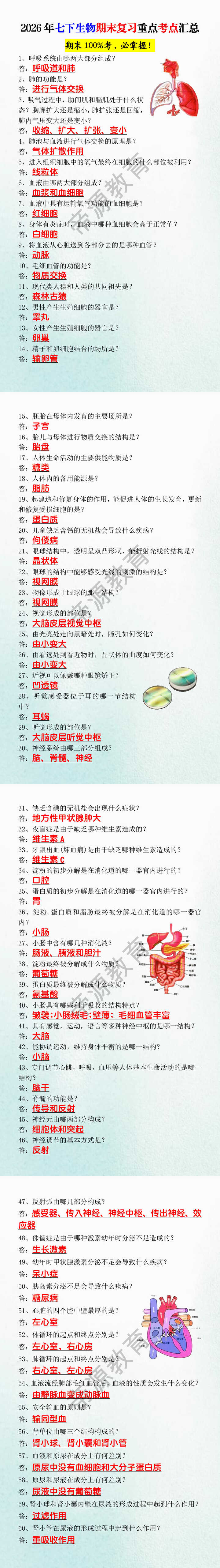 2026年七下生物期末复习重点考点汇总 2026年七下生物期末复习重点考点汇总