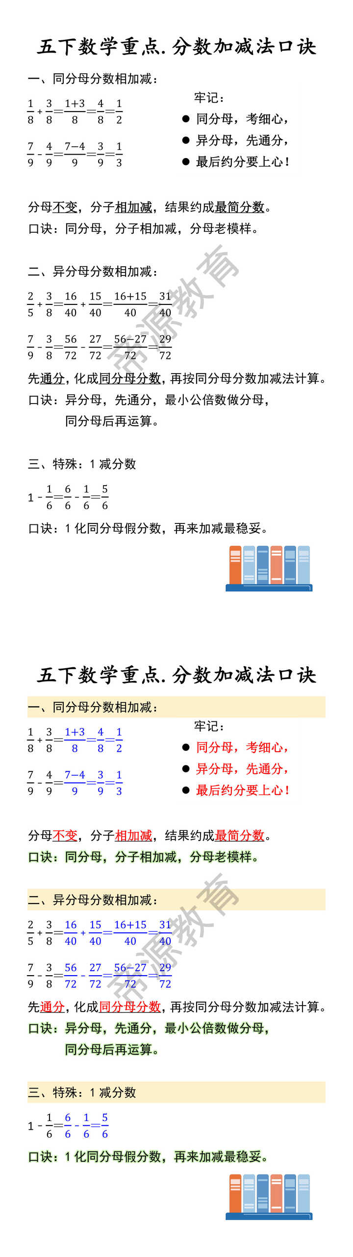 五下数学重点.分数加减法口诀