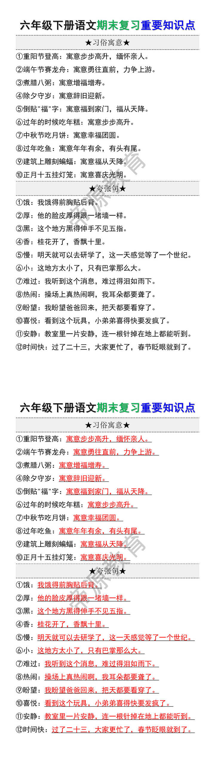 六年级下册语文期末复习重要知识点