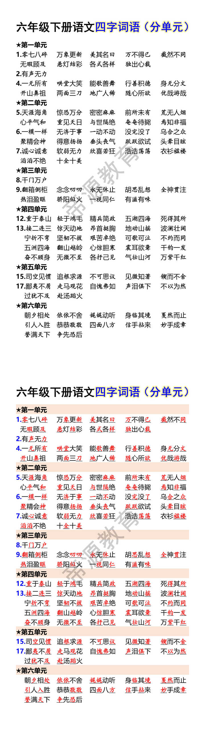 六年级下册语文四字词语（分单元）