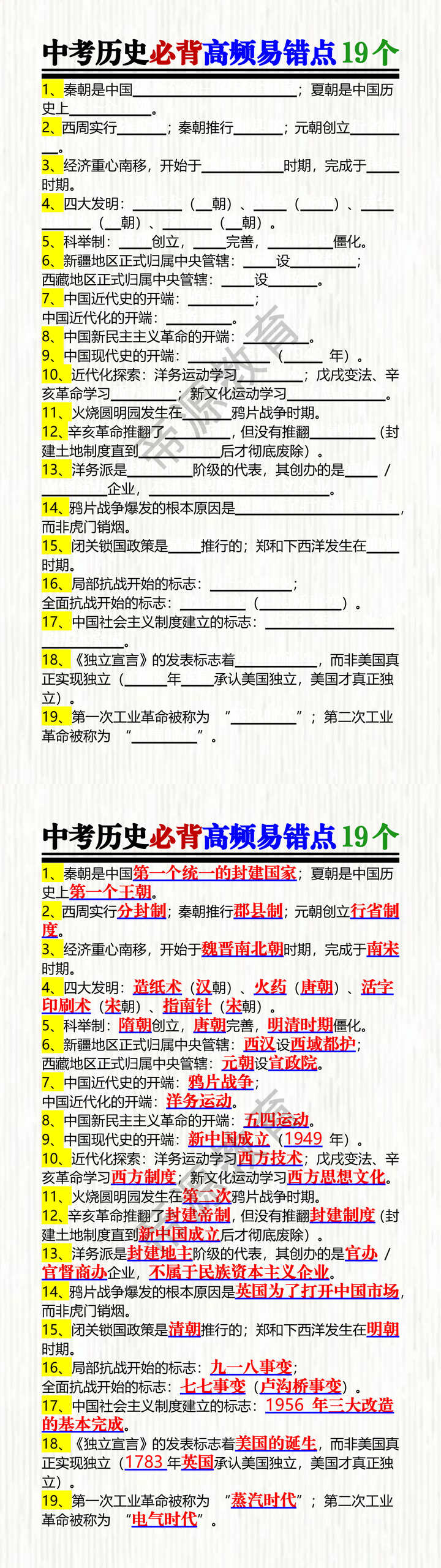 中考历史必背高频易错点19个 中考历史必背高频易错点19个