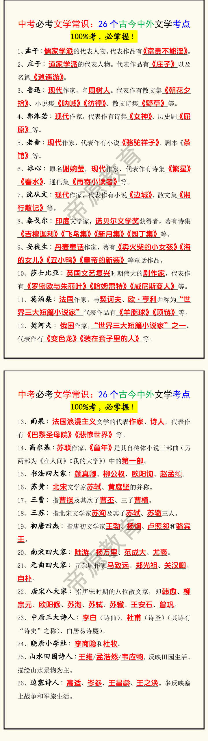 中考必考文学常识：26个古今中外文学考点