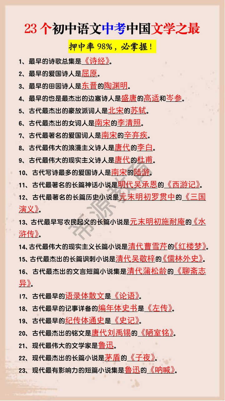 23个初中语文中考中国文学之最 23个初中语文中考中国文学之最