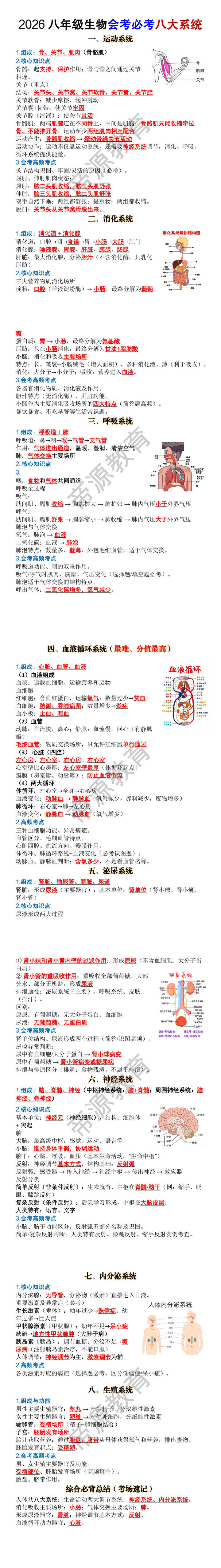 2026八年级生物会考必考八大系统 2026八年级生物会考必考八大系统