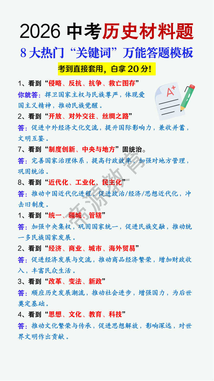 中考历史材料题8大“关键词”万能答题模板