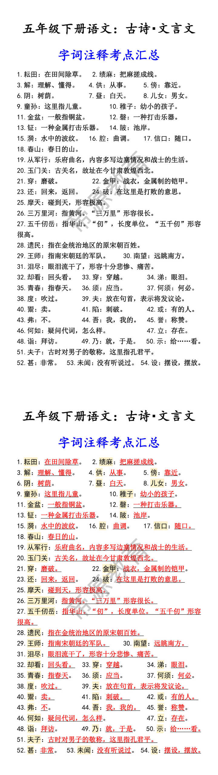 五年级下册语文:古诗・文言文 字词注释考点汇总 五年级下册语文:古诗・文言文 字词注释考点汇总