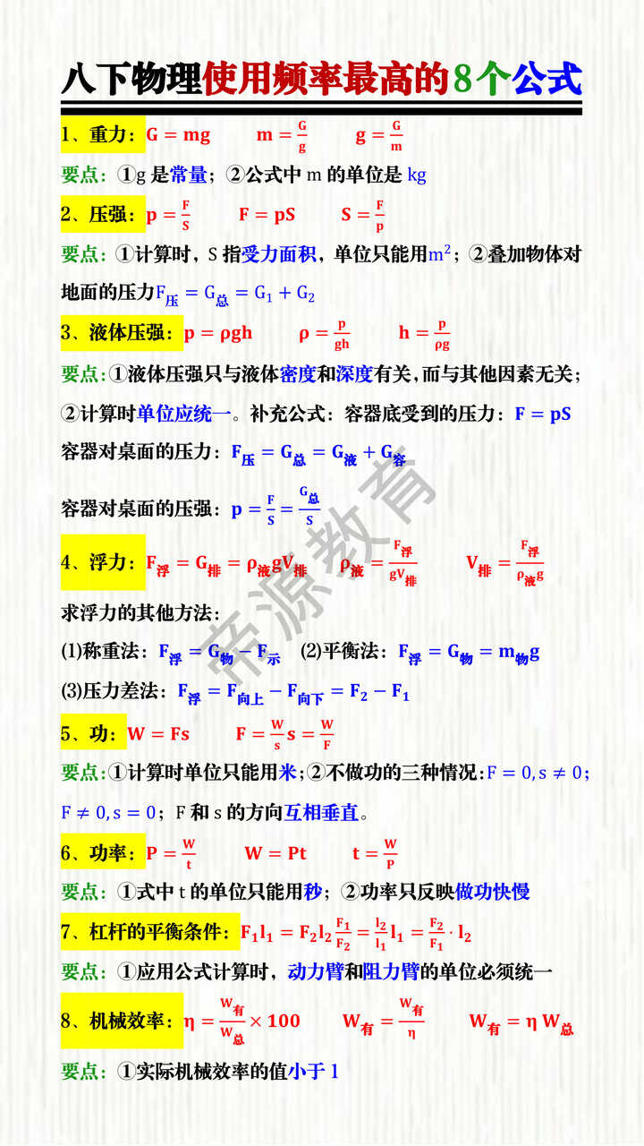 八下物理使用频率最高的8个公式