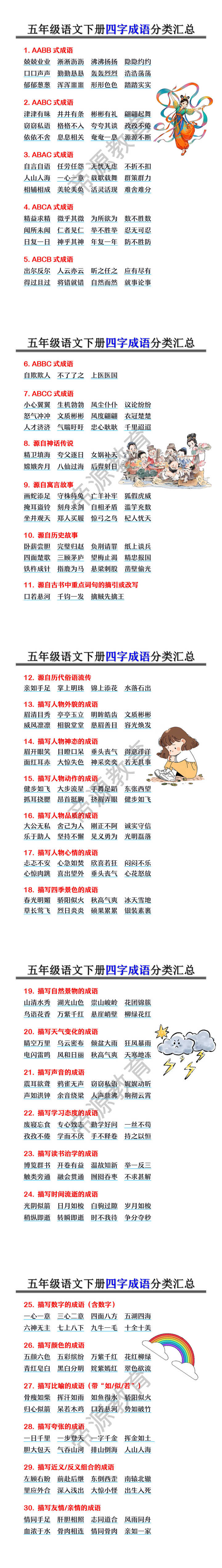 五年级语文下册四字成语分类汇总