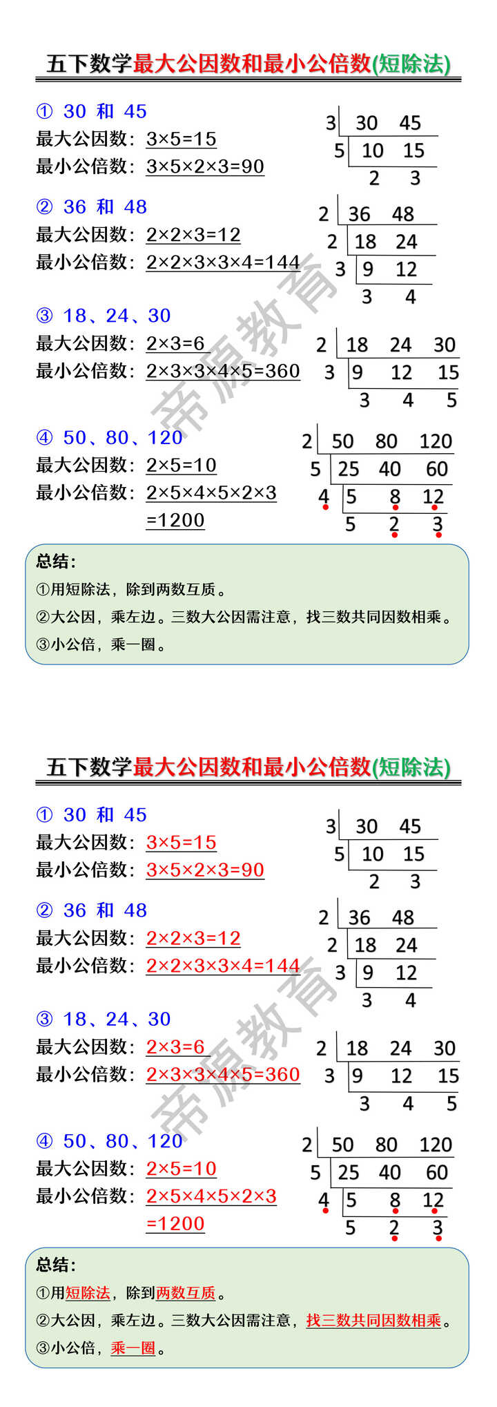 五年级下册数学最大公因数和最小公倍数(短除法)