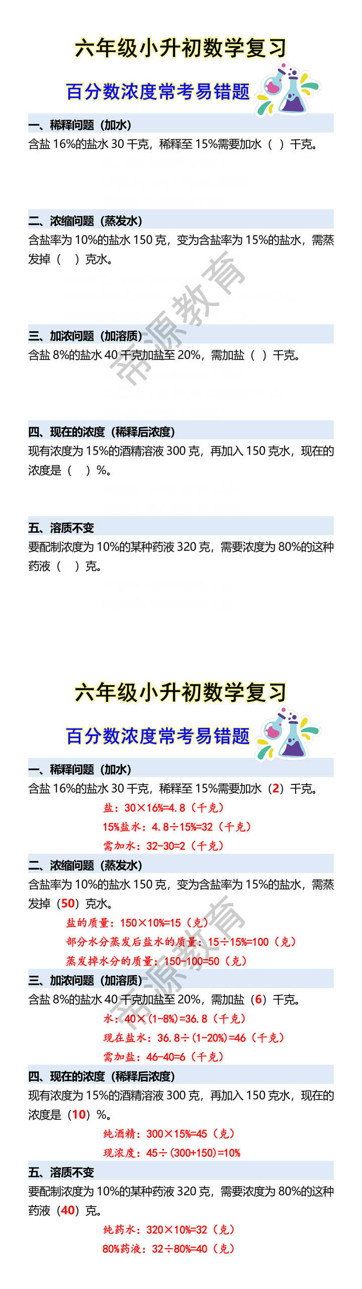 六年级小升初数学复习 百分数浓度常考易错题