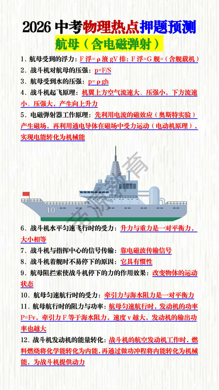 2026中考物理热点押题预测：航母（含电磁弹射）