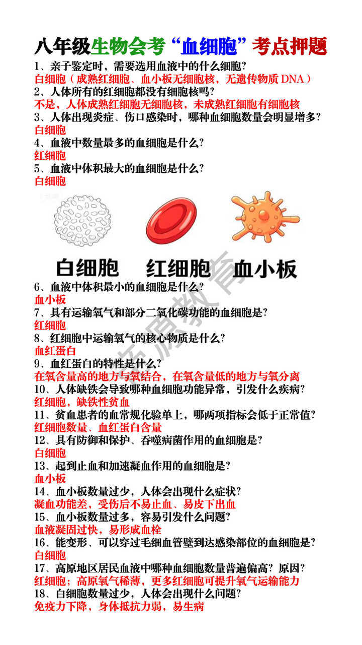 八年级生物会考“血细胞”考点押题