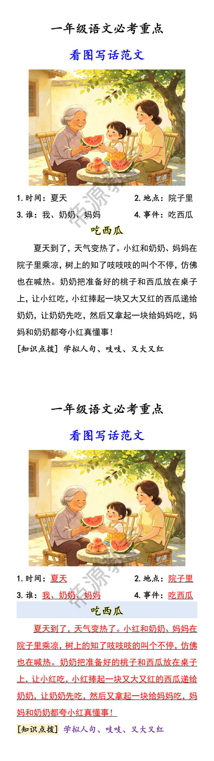 一年级语文必考重点 看图写话范文