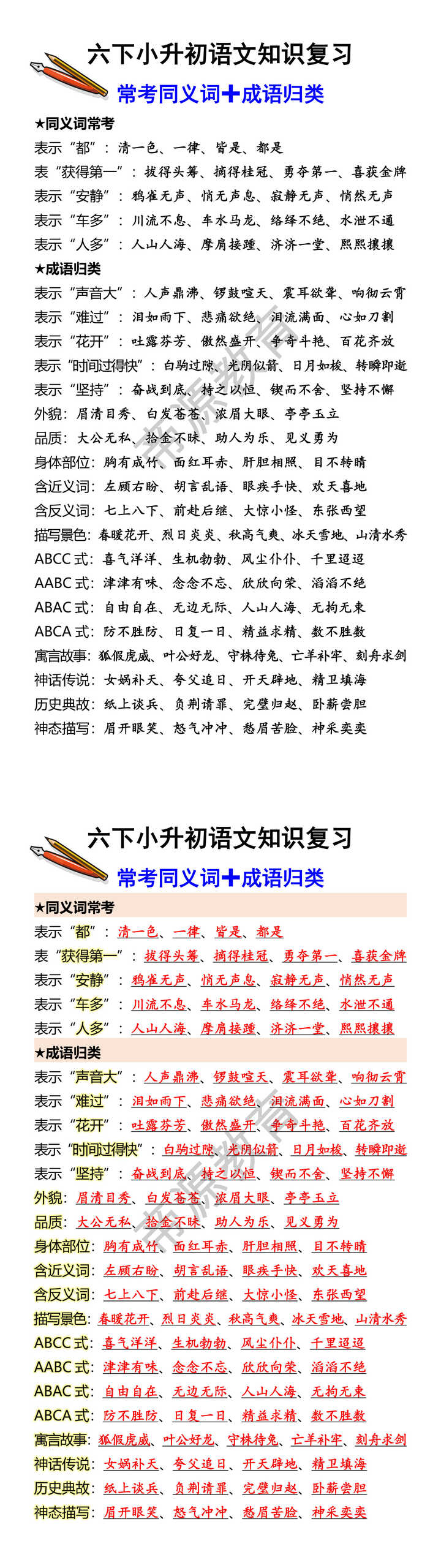 六下小升初语文知识复习 常考同义词➕成语归类 六下小升初语文知识复习 常考同义词➕成语归类