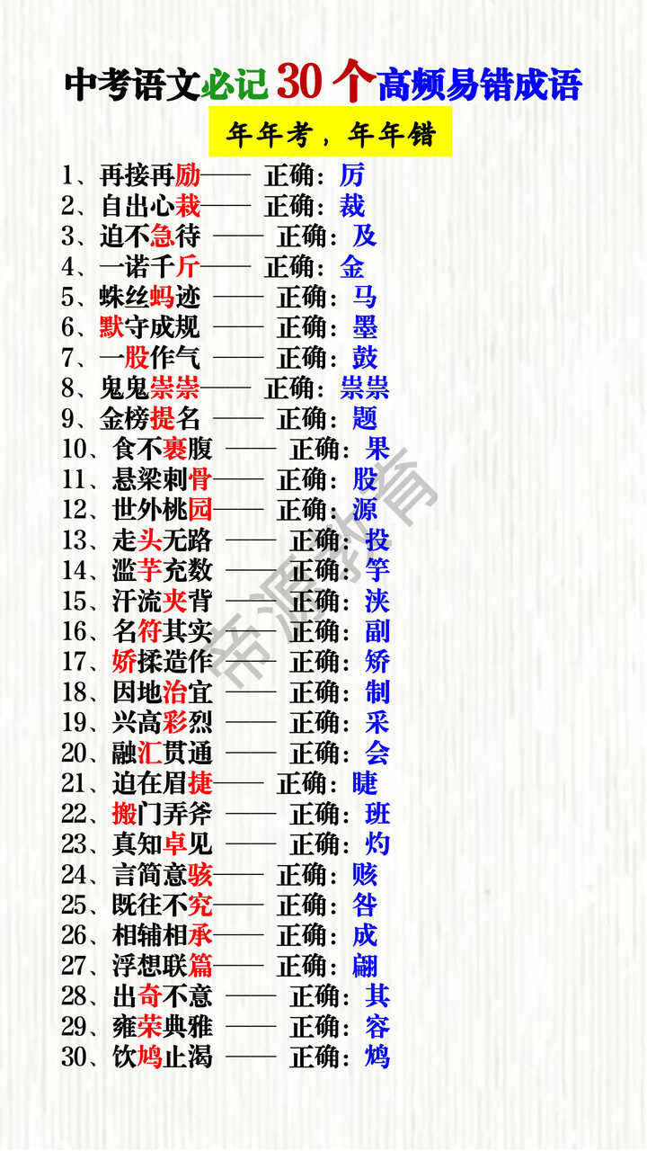 中考语文必记30个高频易错成语